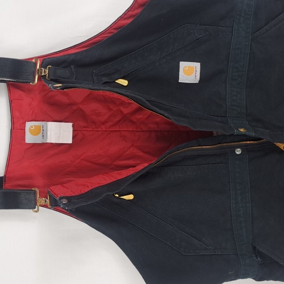 Carhartt canvas Duck bib red quilt double knee 1/2 zip 42/30 black overalls - Picture 4 of 8